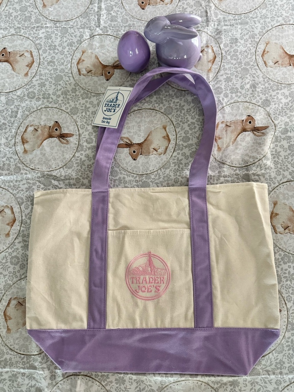 Cream & Lavender Large Canvas Trader Joe’s Tote Bag NWT
